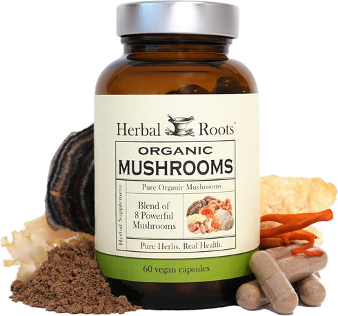 Herbal Roots Organic 8 Mushroom Blend Supplement Capsules - 100% Fruiting Body Extracts for Wellness and Immunity