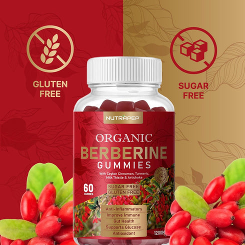 Premium Berberine HCl Gummies, 1200mg with Ceylon Cinnamon and Turmeric, Sugar Free