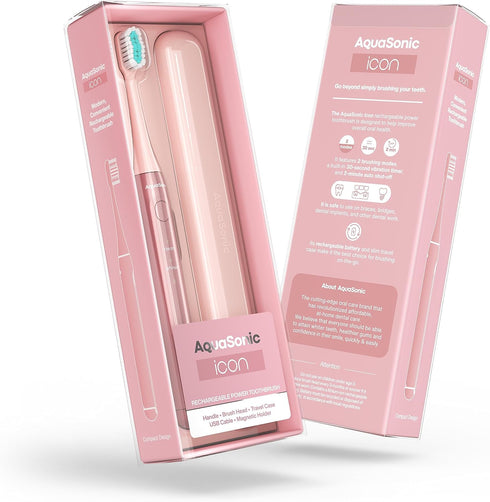 Aquasonic Icon ADA-Accepted Rechargeable Toothbrush, Magnetic Holder & Slim Travel Case, 2 Modes, Gentle
