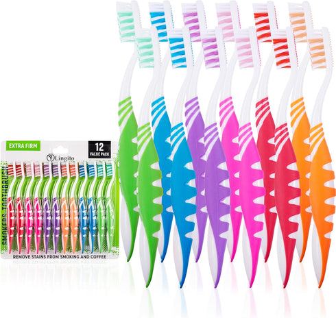 Extra Firm Toothbrush Set for Adults, Travel Toothbrush Kit, Hard Multicolor Denture Brush, 12 Pack