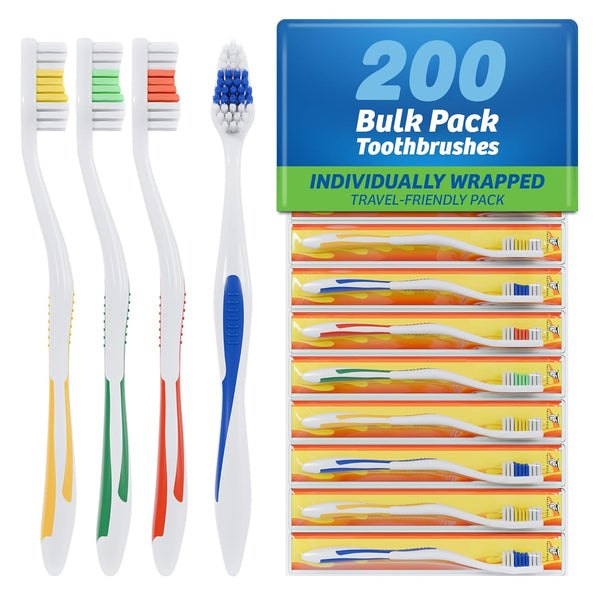 FactorDuty 200 Pack Standard Classic Medium Soft Toothbrush Bulk, Individually Wrapped