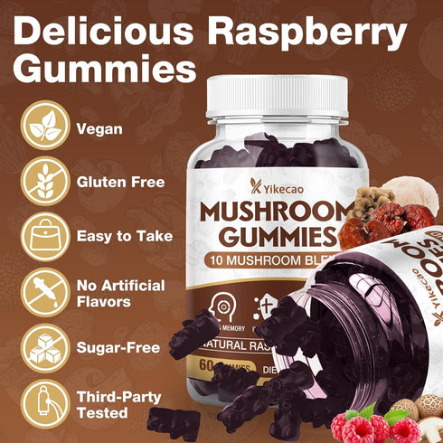 Yikecao Gummies 10 60 Count Mushroom for Adults, Blend Mushroom Supplement with Lions Mane, Cordyceps, Reishi, Chaga