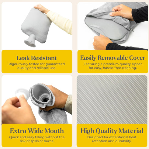 Qomfor 3L Hot Water Bottle - with Soft Premium Fleece Cover - Gray, - Heating Pad for Menstrual Cramps & Period Comfort