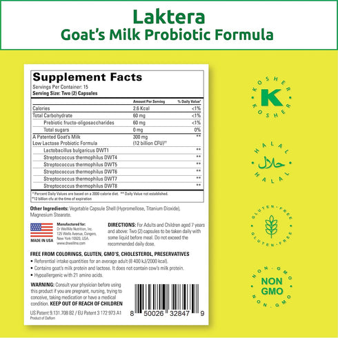 Dr. WellMe Laktera Allergy Free ++ Probiotics for Digestive Health, immune support & Gut Health Supplements - Low Lactose Goat’s Milk Probiotic Formula For Women & Men 30 Capsules