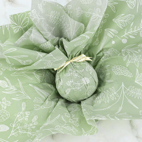 100 Sheets Sage Green Wildflowers Tissue Paper, Green White Floral Printed for Boho Themed Baby Shower, Weddings