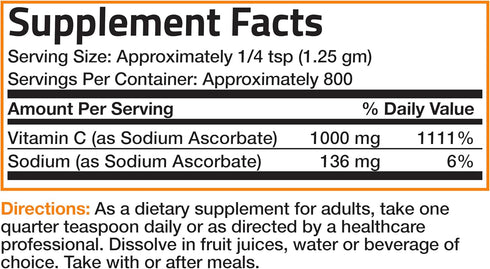 Non Acidic Vitamin C Powder Sodium Ascorbate Non GMO Soluble Fine Crystals - 1 Kilogram for Healthy Immune System