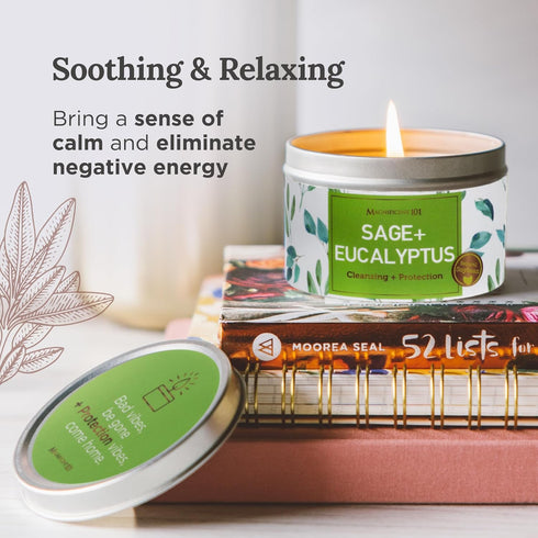 Magnificent 101 Long Lasting Sage + Eucalyptus Scented Smudge Candle - 6 Oz, 35 Hour Burn, Soy Wax