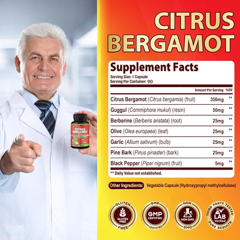 Organic Cadane Citrus Bergamot Supplement Extract Capsules, 90 Capsules & Berberine, Supports Overall Health, 3 Months