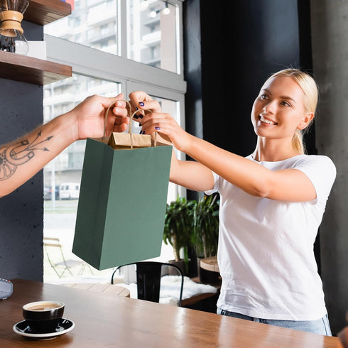 Packaging 8x4x10, 50 Pack Prime Line Green Gift Bags Small, Kraft Paper Bags with Handles for Small Business