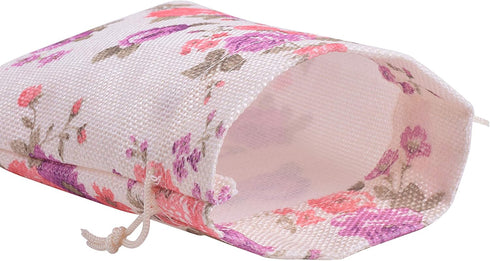 Sansam 20pcs Drawstring Burlap Gift Bags - 4.0x5.6'' Cream Flower Patterns Jute Bags for Jewelry