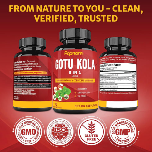 Organic Gotu Kola Extract Capsules - 90 Counts with Reishi, Cordyceps, Rosemary, Ginkgo Biloba & Valerian Root