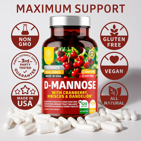 Number One Nutrition Premium D Mannose with Cranberry and Hibiscus, Max Strength 1350mg, 120 Capsules