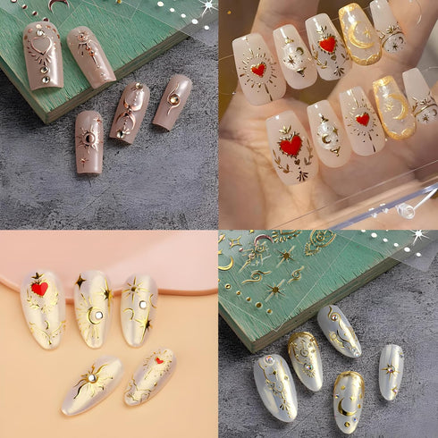 12 Sheets Star Nail Stickers, 3D Self-Adhesive Gold Silver Moon Heart Design for Nail Art Decoration Accessories