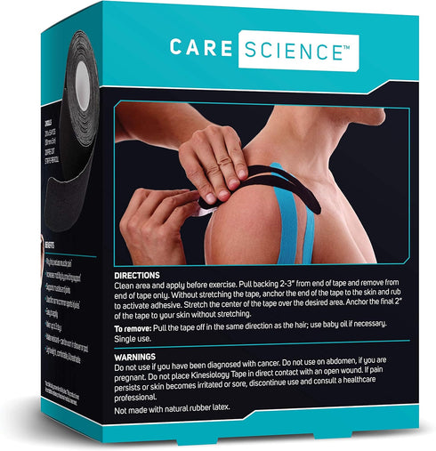 Care Science Waterproof Kinesiology Tape - 40 ct Precut Strips (2 Rolls), Black, Elastic Sports Tape