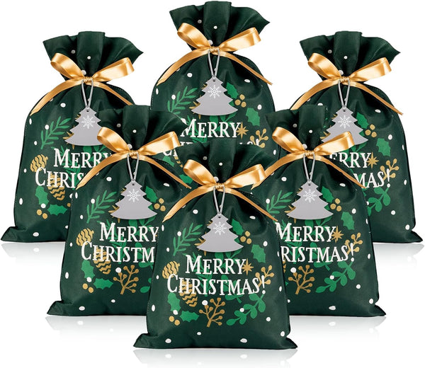 OYATON Christmas Drawstring Gift Bags, Fabric Reusable Gift Wrap Bags Set of