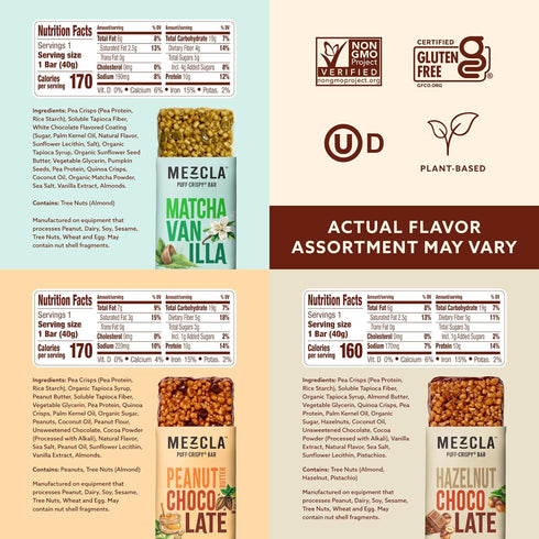 Pack 10g 8 Count Mezcla Puff-Crispy Plant Based Protein Bars - Variety - Healthy Snacks for Adults & Kids - Granola