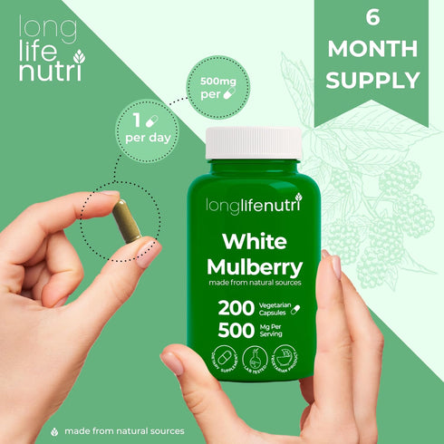 Mulberry 500mg Alba 200 200-Day White Leaf Extract - Sourced from Morus Leaf, Vegetarian Capsules, Supplement