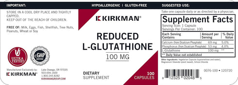 Kirkman Reduced L-Glutathione 100 mg - Hypoallergenic, 100 Vegetarian Capsules
