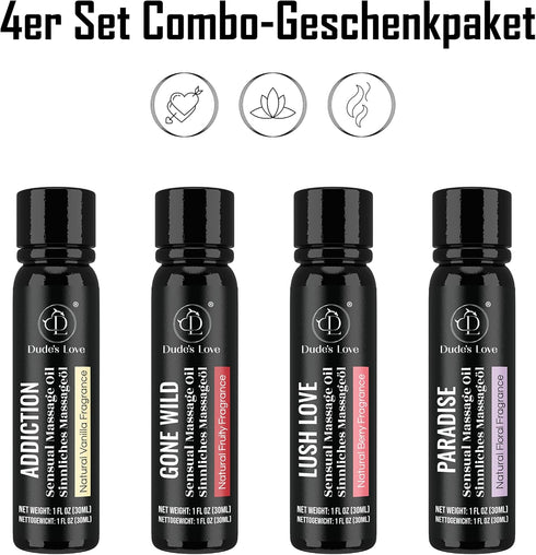 Set Pack 4-120 ML/4 Oz Organic Sensual Safe to Lick Body Massage Oils for Couples - Gift Romantic Date Night Non Greasy