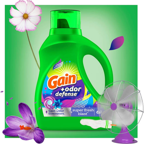 Gain + Odor Defense Laundry Detergent Liquid Soap, 2-Pack, Super Fresh Blast Scent, 65 Fl Oz Each