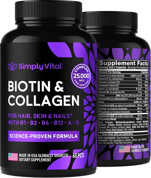 Biotin Vitamins 5000mcg for Hair, Skin & Nails with Marine Collagen Peptides & B Complex, 60 Caps