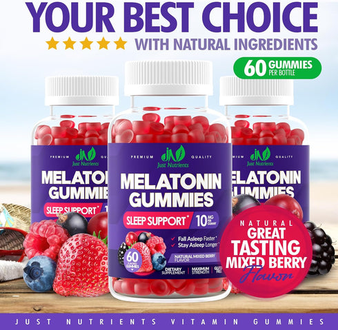 Melatonin 10mg Gummies | 60 Servings | Maximum Strength Sleep Aid for Adults | Gluten-Free, Non-GMO, Mixed Berry Flavor