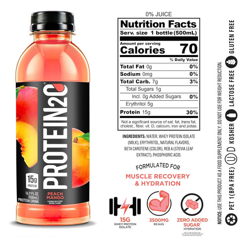 Protein2o 15g Whey Protein Infused Water, Peach Mango, 16.9 Oz Bottle (Pack of 12)