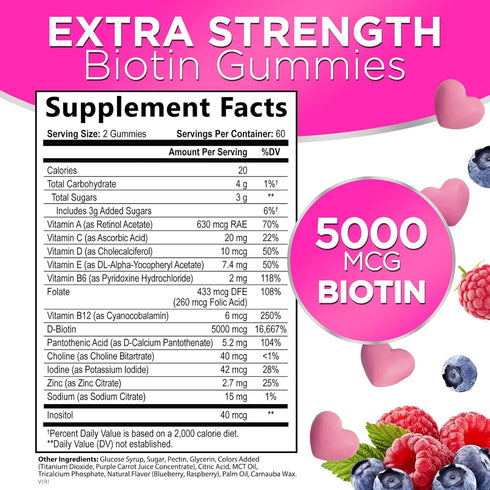 Hair Vitamins Gummy with Biotin 5000 mcg Vitamin E & C to Support Hair Growth, Non-GMO, for Thicker, Stronger & Beautiful Hair, Skin & Nails, Hair Growth Vitamin for Women & Men - 120 Gummies