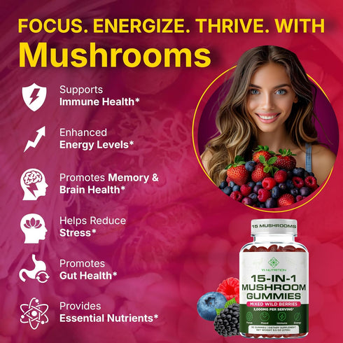 Yi Nutrition 15-in-1 Gummies 10:1 Immunity 90 Gummies Sugar-Free Mushroom Complex Extract - Lion's Mane, Cordyceps