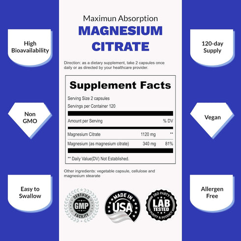 UpNourish Pure Magnesium Citrate (Citrato de Magnesio) 1120mg, 240 Capsules - High Absorption Magnesium Supplement for Women & Men - Natural Calm Magnesium for Constipation, Relax, Cramp Defense