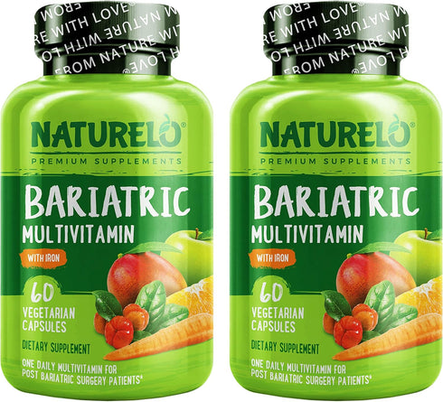 NATURELO Bariatric Multivitamin, One Daily with Iron for Post Gastric Bypass Surgery - 120 Veggie Capsules
