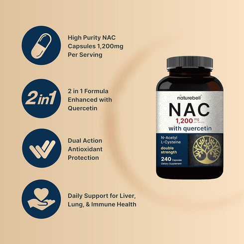 NAC Supplement 1200mg with Quercetin | 240 Capsules, Double Strength - Support for Immune, Liver, & Lung Health