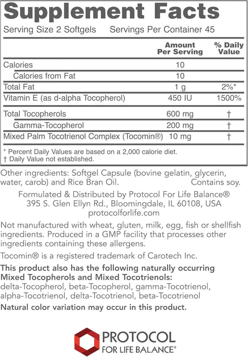 Protocol Gamma E Toco Complex - 90 Softgels - Vitamin E 300mg for Antioxidant Support, Cardiovascular Health & Brain