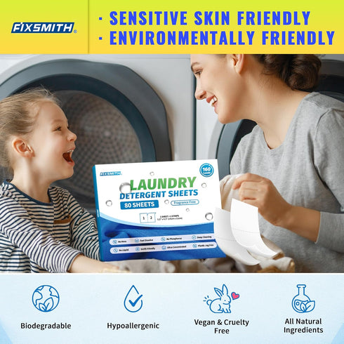 FIXSMITH Laundry Detergent Sheets - 160 Loads (80 Sheets) Hypoallergenic, Eco-Friendly Travel Detergent Strips