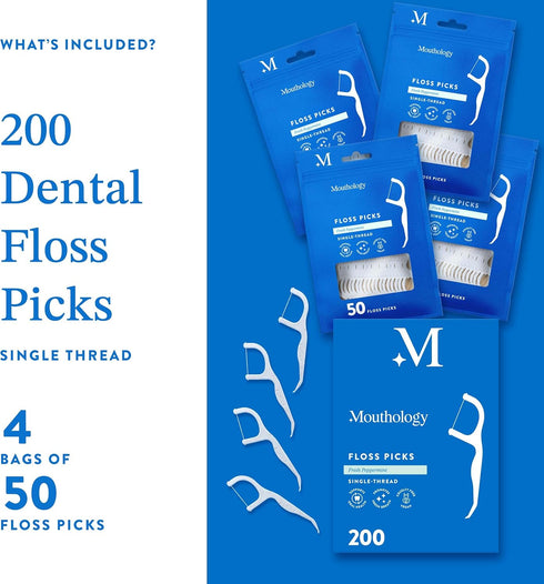 Mint Flavored Dental Floss Picks, Planet-Friendly Wheat Straw Tooth Flossers, Reusable Compostable (200 Count)