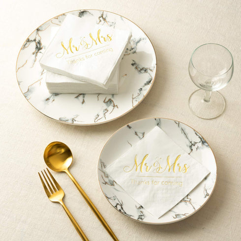Crisky Napkins Mr and Mrs Gold Cocktail Beverage Dessert, 100 Pcs for Wedding Party Decorations