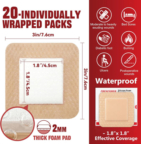 Pack 20 3 3 Inches FRESINIDER Silicone Foam Dressing with Adhesive Border Wound Dressing Bandage Silicone Foam Pad of x