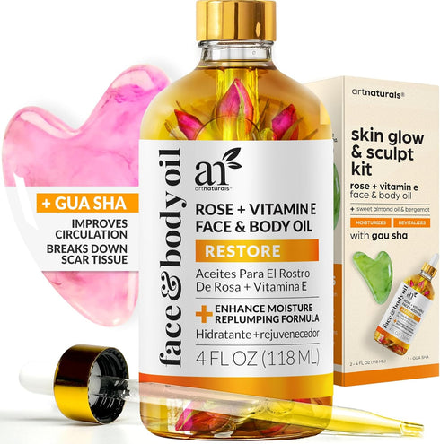 ArtNaturals Face & Body Vitamin E Bio Oil 4.0oz + Gua Sha Tools Set for Scars & Stretch Marks