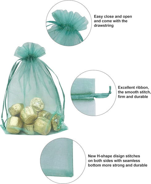 100PCS Teal Sheer Organza Bags 5''X7'', Drawstring Jewelry Gift Bags for Baby Shower Wedding Party Favor Pouch Goodie