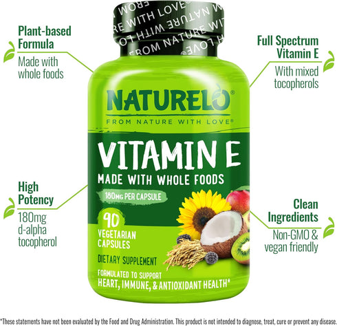 NATURELO Vitamin E - 180 mg (300 IU) Natural Mixed Tocopherols from Organic Whole Foods, 90 Vegan Capsules
