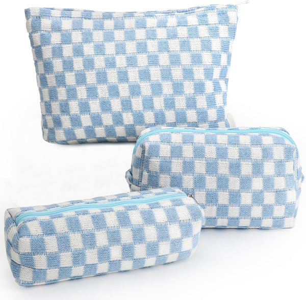 3 Pcs Checkered Makeup Bag Set for Girls Women, Large Capacity Travel Organizer Toiletry Pouch