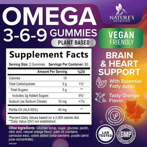 Omega 3 6 9 Vegan Gummies - Triple Strength Supplement for Heart and Brain Support, Non-GMO, Orange Flavor - 120 Gummies