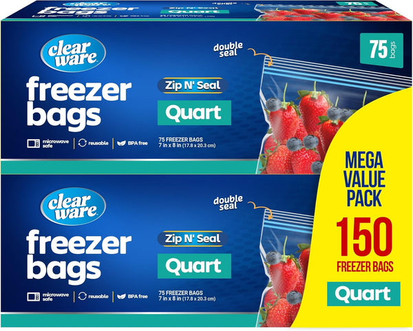 Quart Freezer Bags, Double Zipper Seal, 150 Count (2 Packs of 75), Resealable Plastic Containers for Food Storage