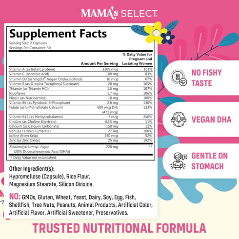 Mama's Select Prenatal Vitamins with Vegan DHA Fish-Free, No Fish Burps, Allergen-Free, MTHFR Support, Methylated