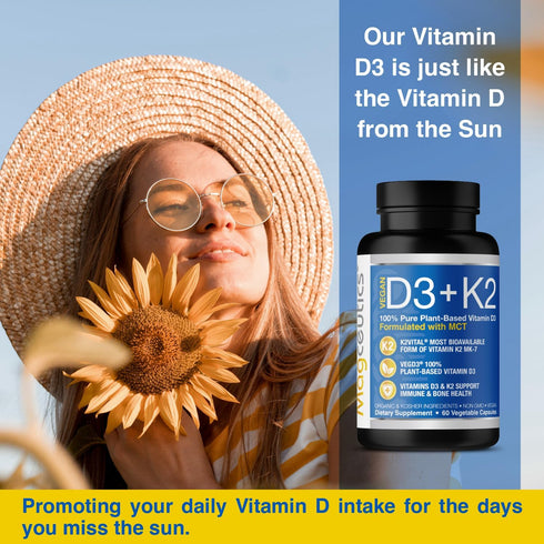 Vitamin D3 K2 with MCT, 5000 IU Vegan D3 & 100 mcg MK7 K2, 60 Capsules - Support for Strong Bones and Immune Health