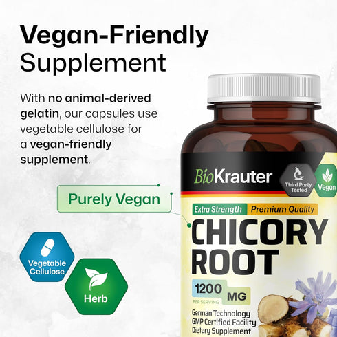 BIO KRAUTER Chicory Fiber Supplement - 1200 mg Strength, 250 Count, Chicory Root Powder, Vegan Inulin Capsules