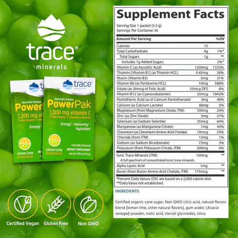 Trace Minerals Power Pak Electrolyte Powder Packets - 30 Packets - 1200 mg Vitamin C, Zinc, Magnesium