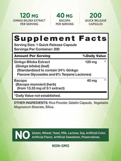 Nature's Truth Ginkgo Biloba 120mg | plus Bacopa | 200 Quick Release Capsules | Standardized Extract | Non-GMO and Gluten Free Supplement