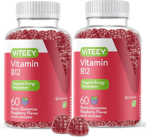 Vitamin B12 Gummies for Adults & Teens, 1000mcg, Vegan, Gelatin Free, Gluten Free, Tasty Chewable Raspberry Flavored