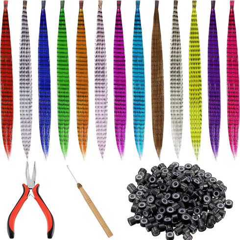 Xinnun 52 Pcs Colored Hair Feathers Extension Kit, Long Rainbow Synthetic Hair with 200 Pcs Micro Rings